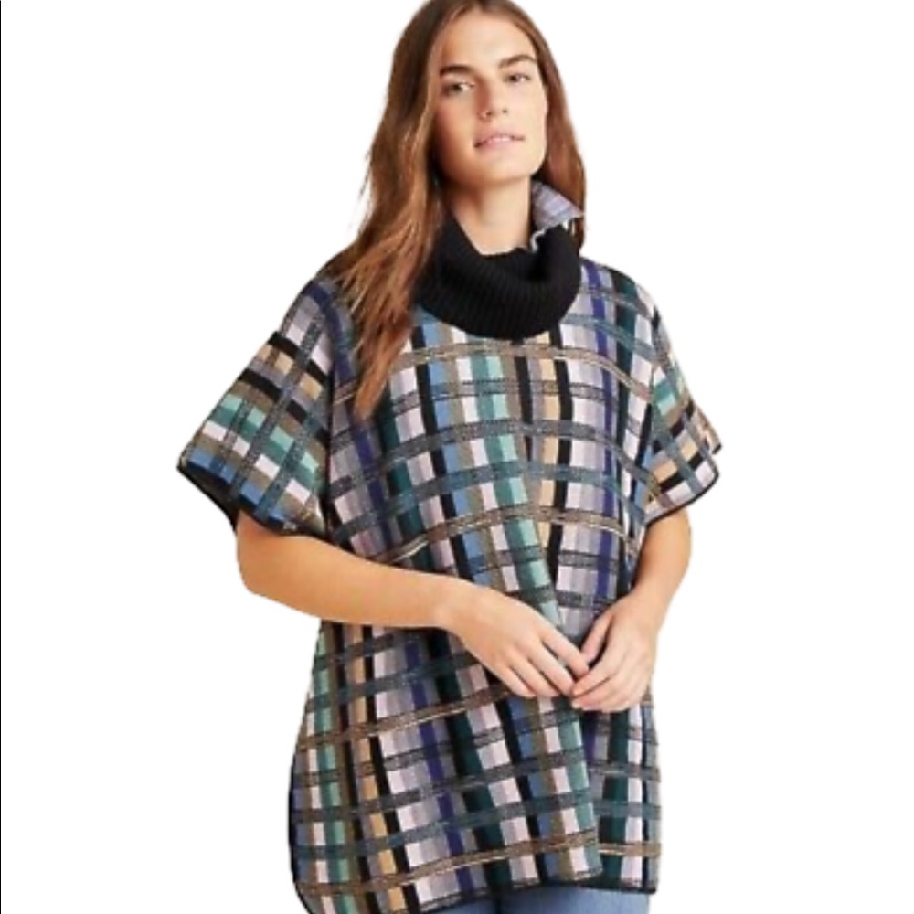 NWOT Anthropologie Aldo Martins poncho style sweater knit plaid turtleneck M/L